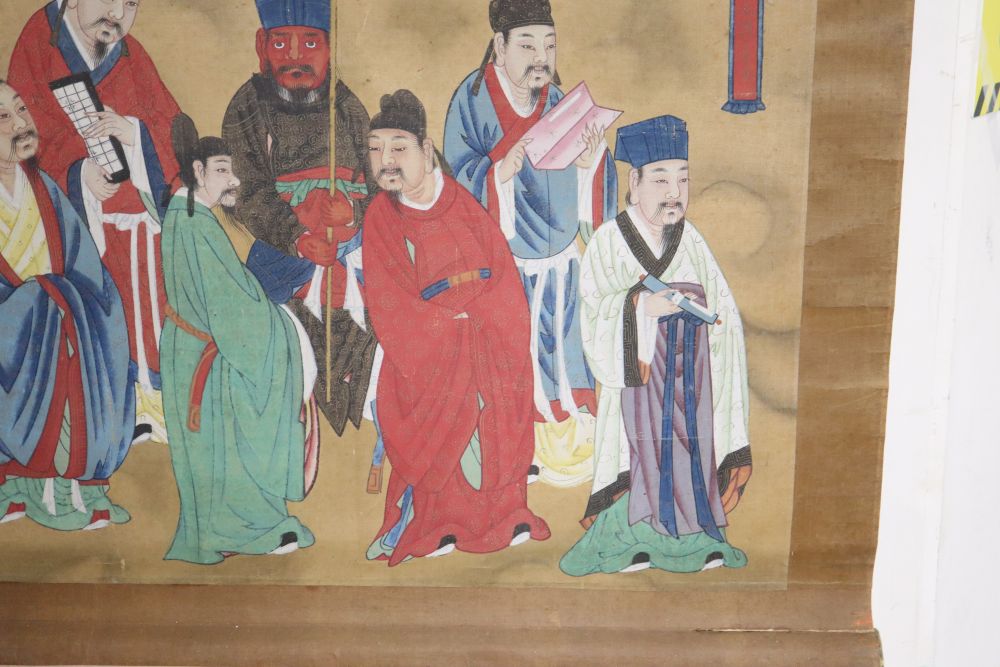 A late 19th century Chinese scroll painting on silk of immortals, image 90 x 79cm